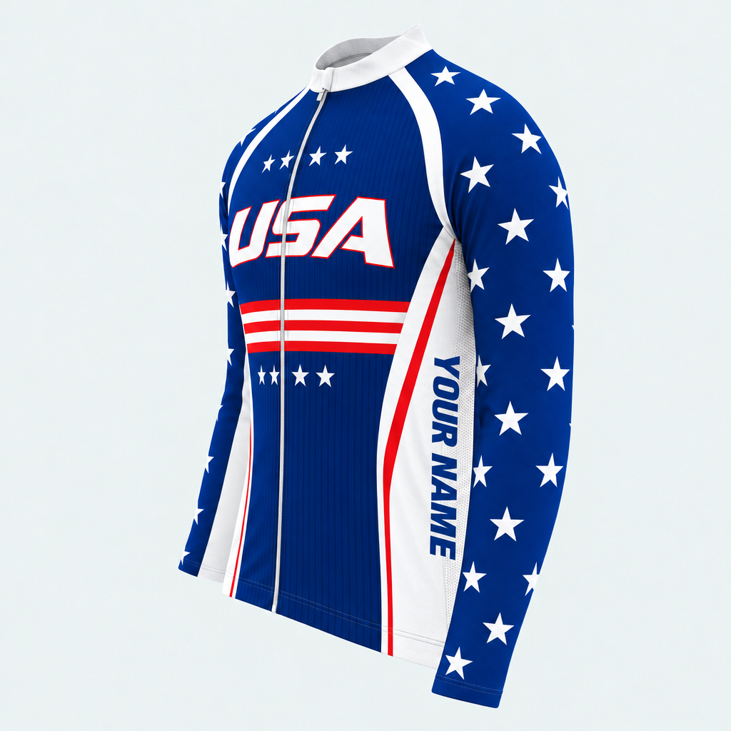 Men's Personalized Long Sleeve Cycling Jersey – US Patriotic USA Stars and Stripes - Side