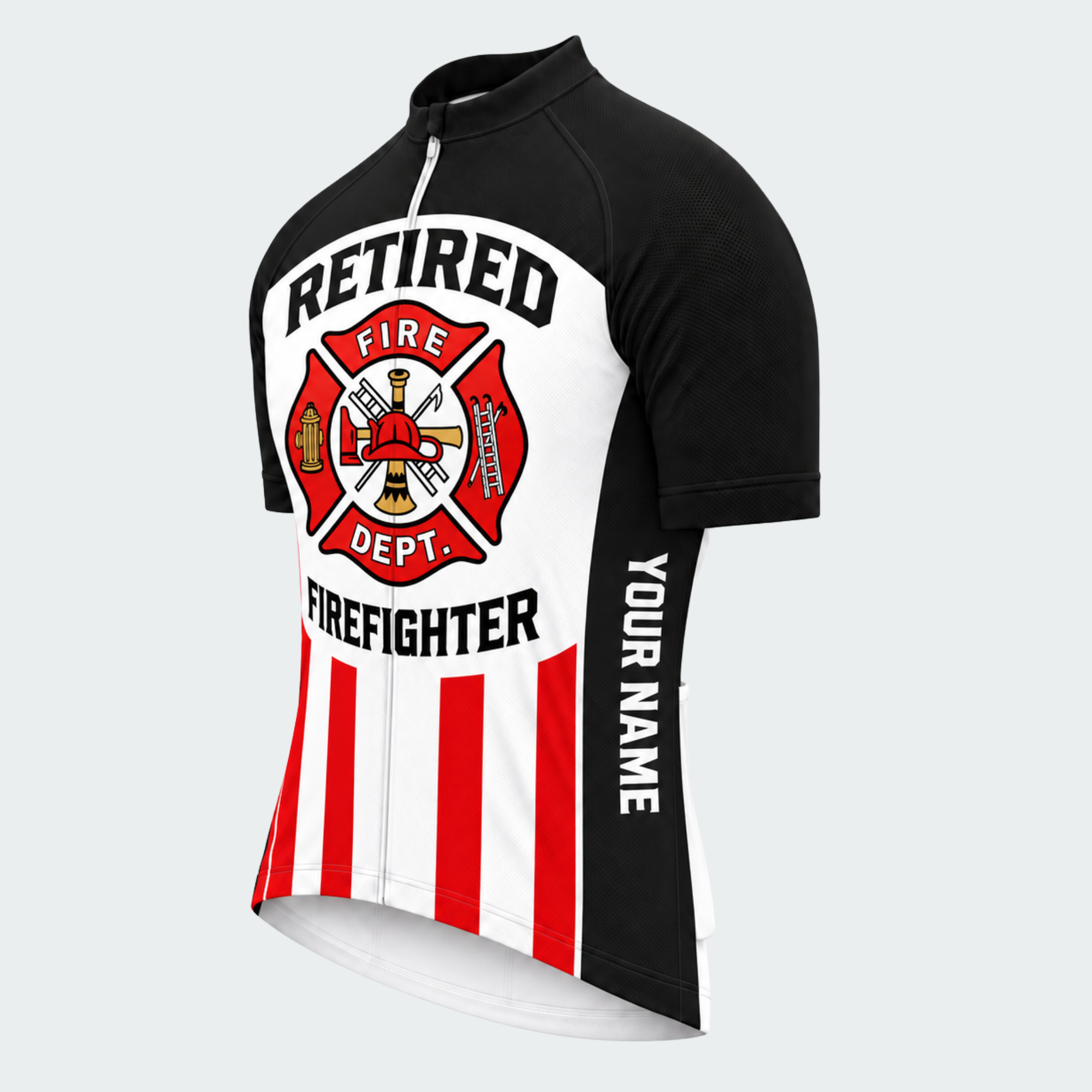 Men's Personalized Short Sleeve Cycling Jersey – Retired US Firefighter Crest - Front 45°