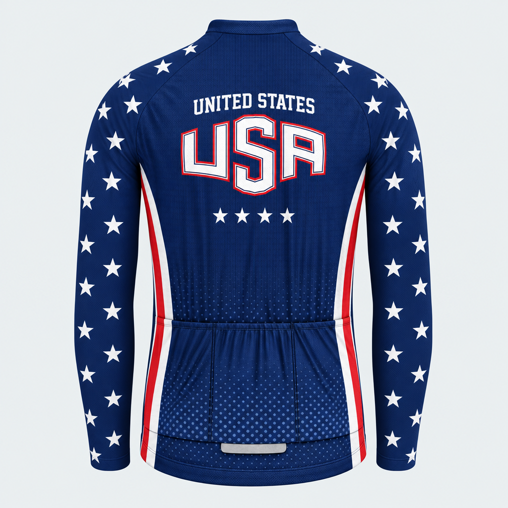 Men's Personalized Long Sleeve Cycling Jersey – US Patriotic Stars and Stripes - Back