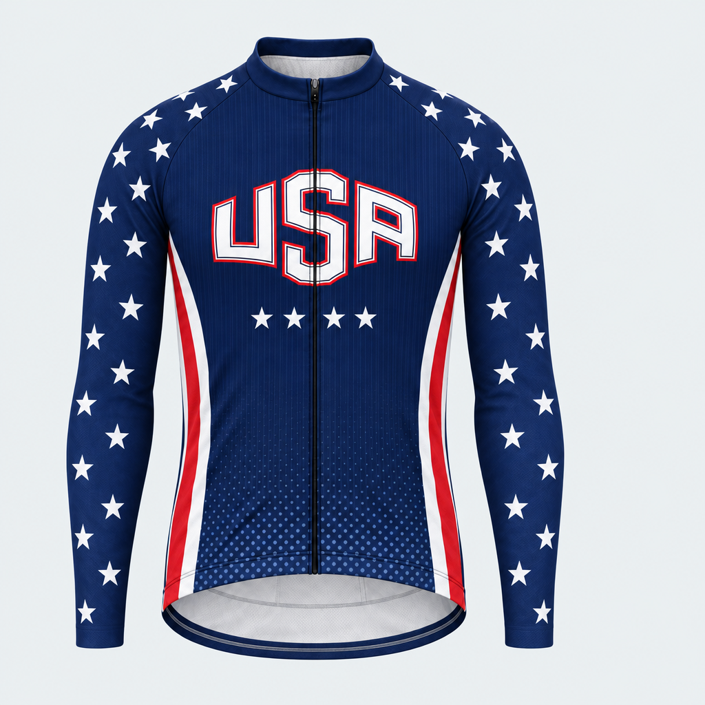 Men's Personalized Long Sleeve Cycling Jersey – US Patriotic Stars and Stripes - Front