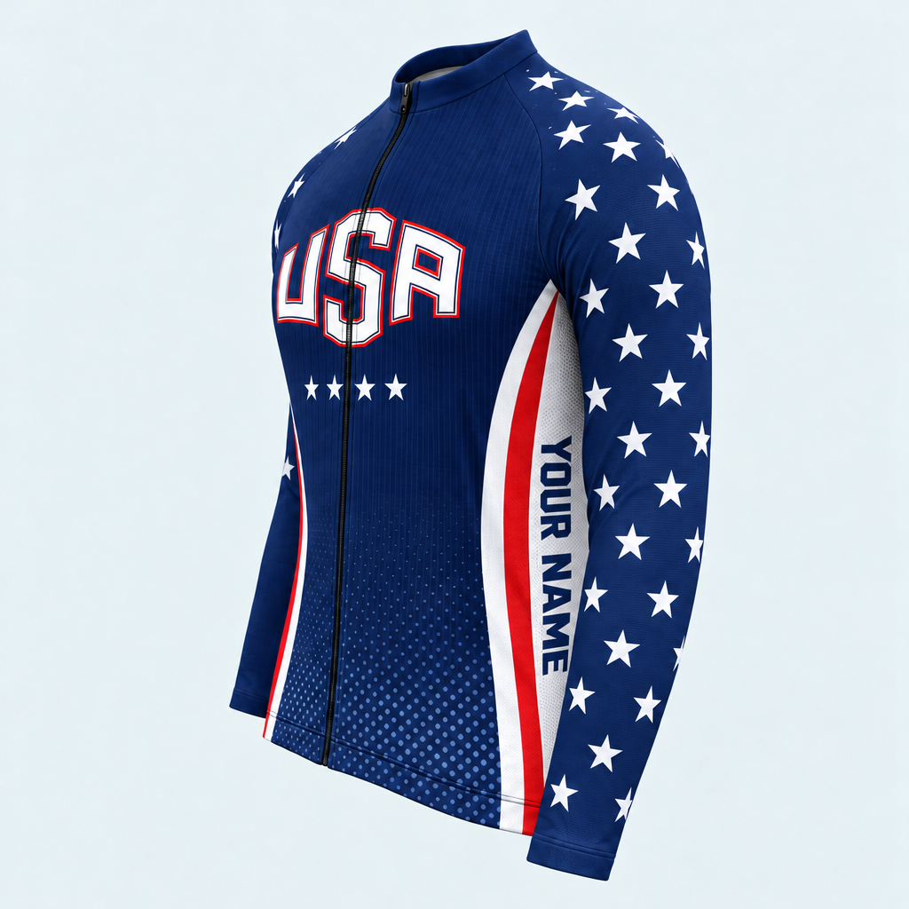 Men's Personalized Long Sleeve Cycling Jersey – US Patriotic Stars and Stripes - Side