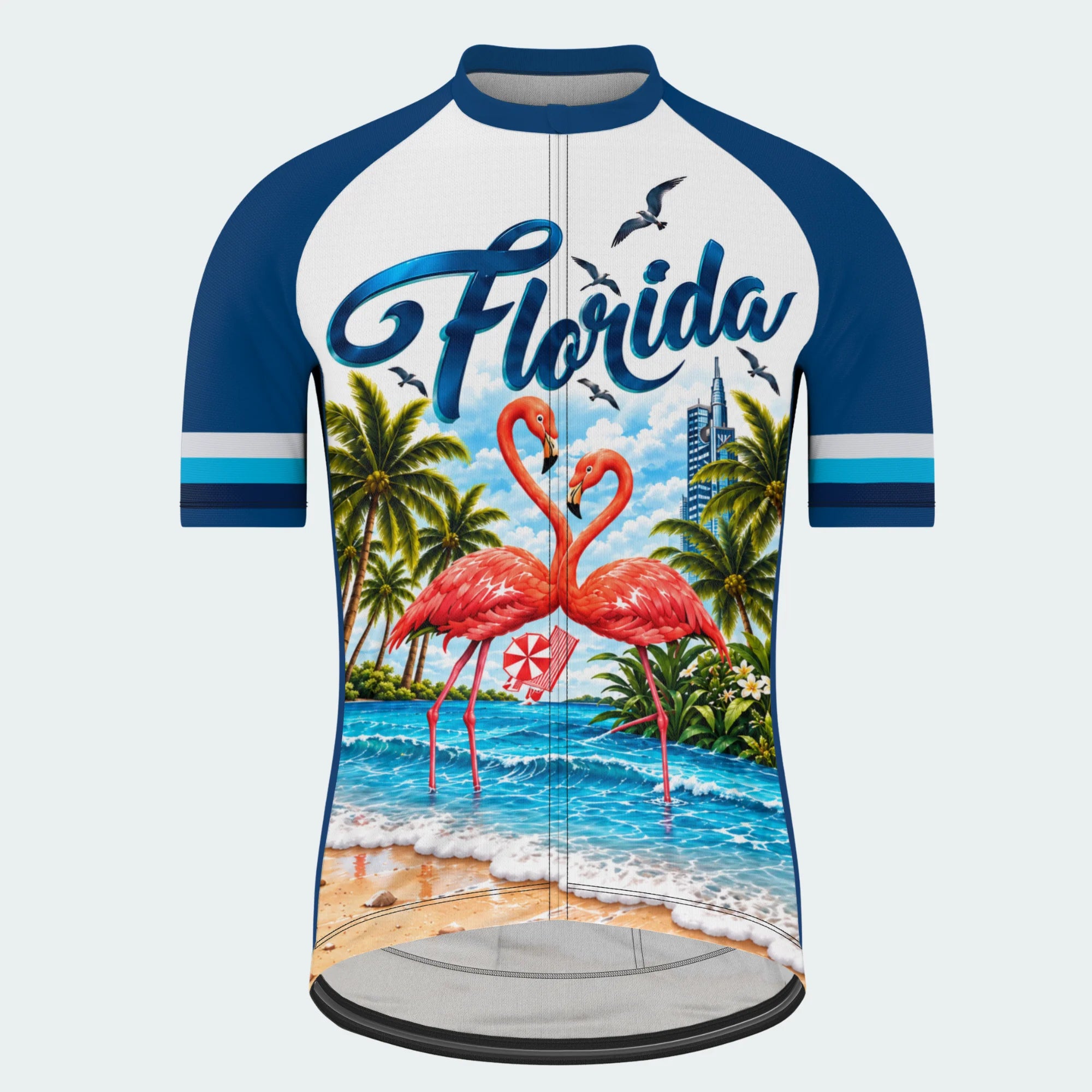Men's Personalized Short Sleeve Cycling Jersey – Florida Beachfront Flamingos - Front