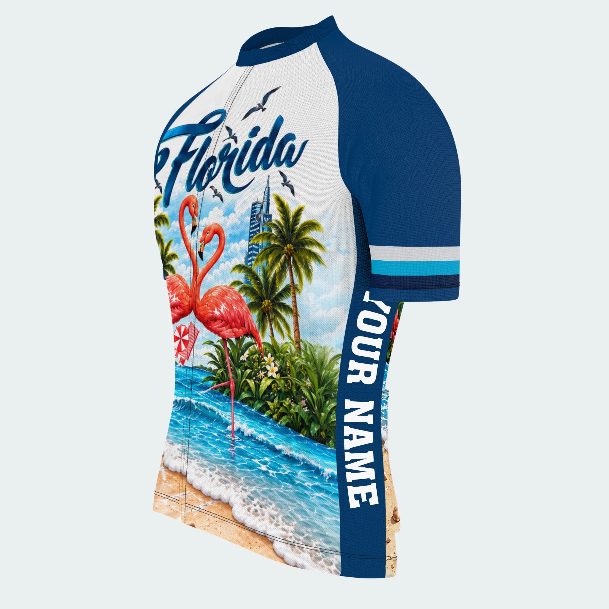 Men's Personalized Short Sleeve Cycling Jersey – Florida Beachfront Flamingos - Front 45°