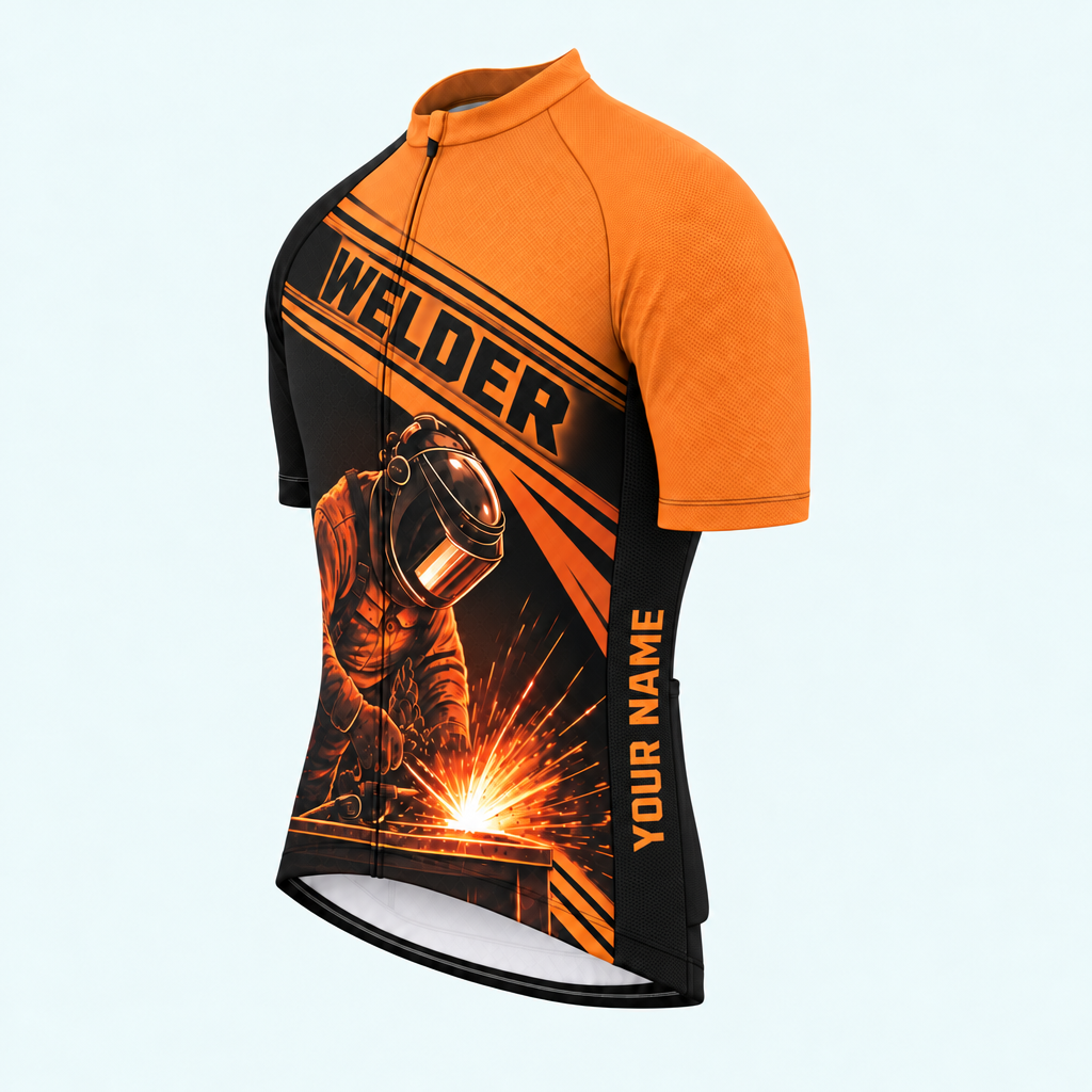Men's Personalized Short Sleeve Cycling Jersey – Welder at Work - Front 45°