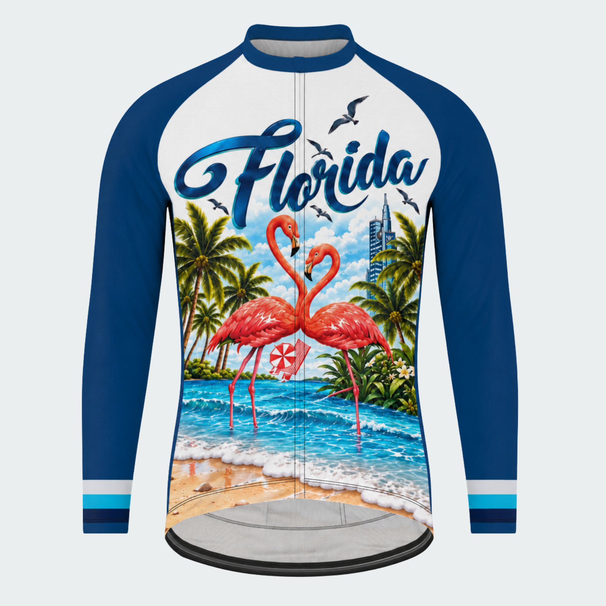 Men's Personalized Long Sleeve Cycling Jersey – Florida Beachfront Flamingos - Front