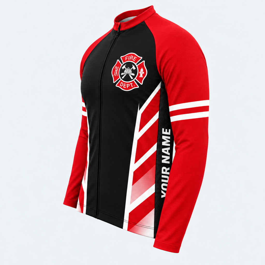 Men's Personalized Long Sleeve Cycling Jersey – US Firefighter Red And White Stripes - Side