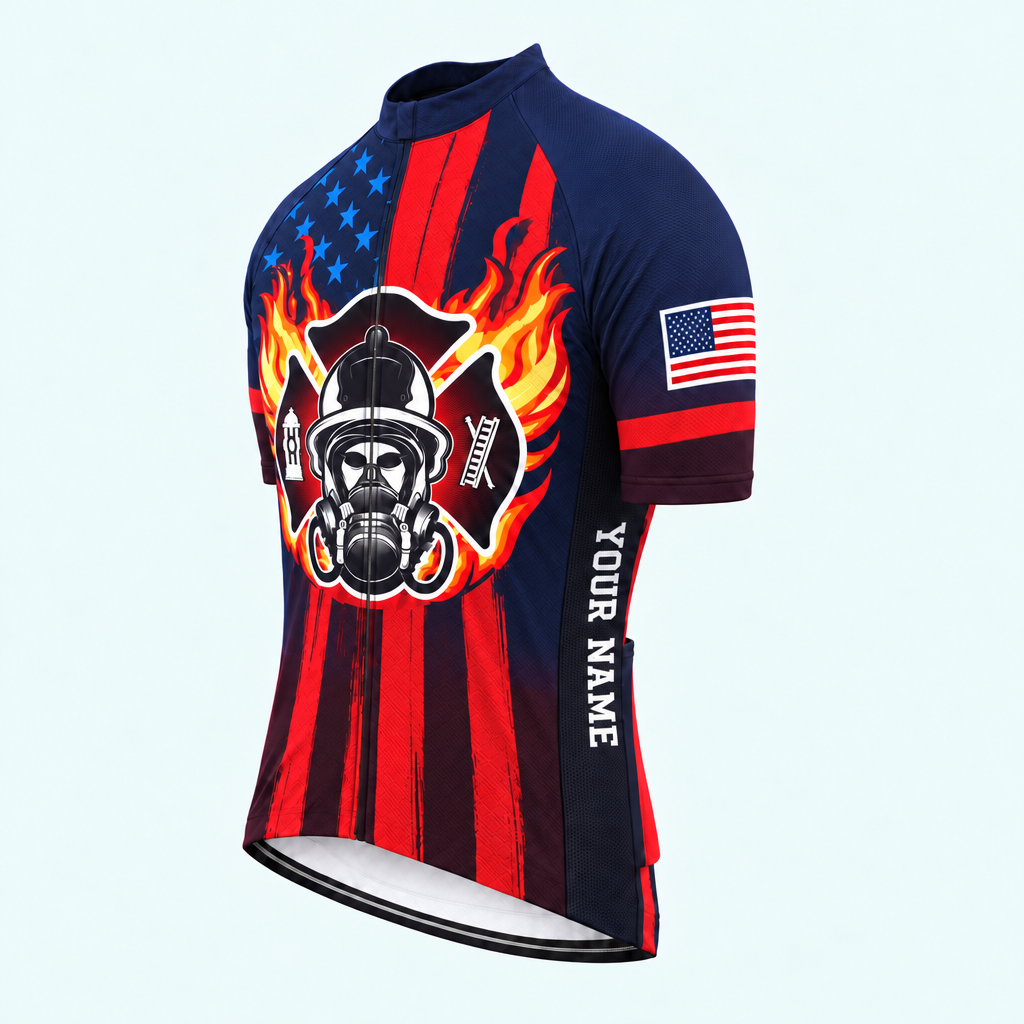 Men's Personalized Short Sleeve Cycling Jersey – US Firefighter Silhouette - Front 45°