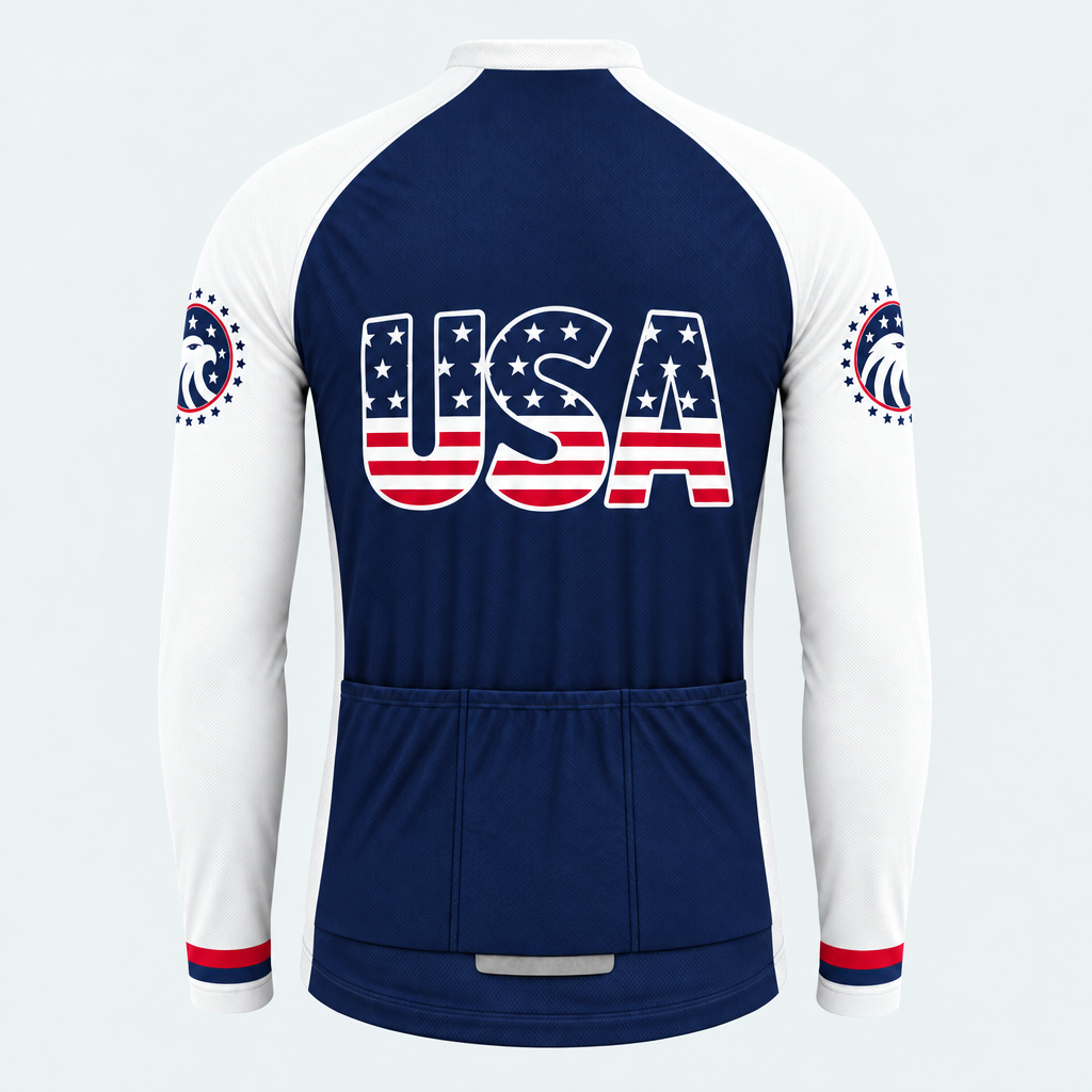 Men's Personalized Long Sleeve Cycling Jersey – US Patriotic USA Wording With Flag - Back