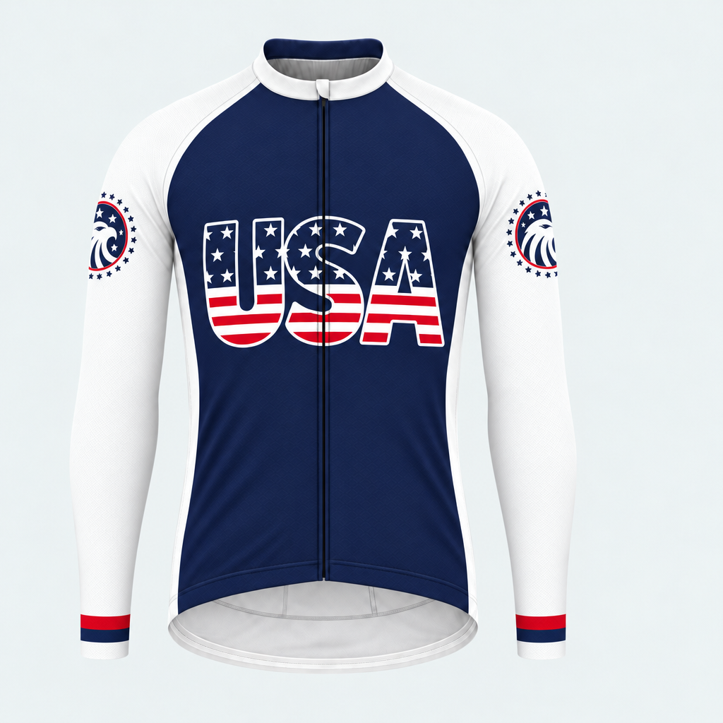 Men's Personalized Long Sleeve Cycling Jersey – US Patriotic USA Wording With Flag - Front