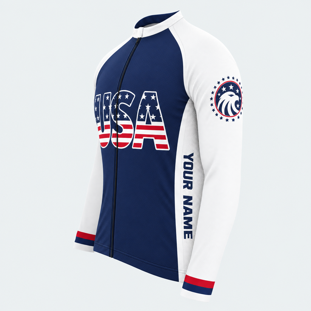 Men's Personalized Long Sleeve Cycling Jersey – US Patriotic USA Wording With Flag - Side