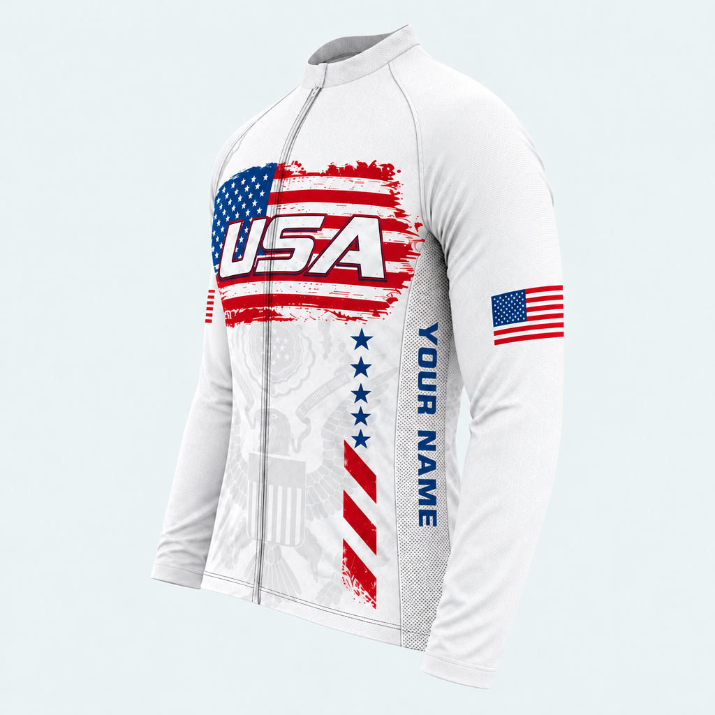 Men's Personalized Long Sleeve Cycling Jersey – US Patriotic Brush Flag - Side