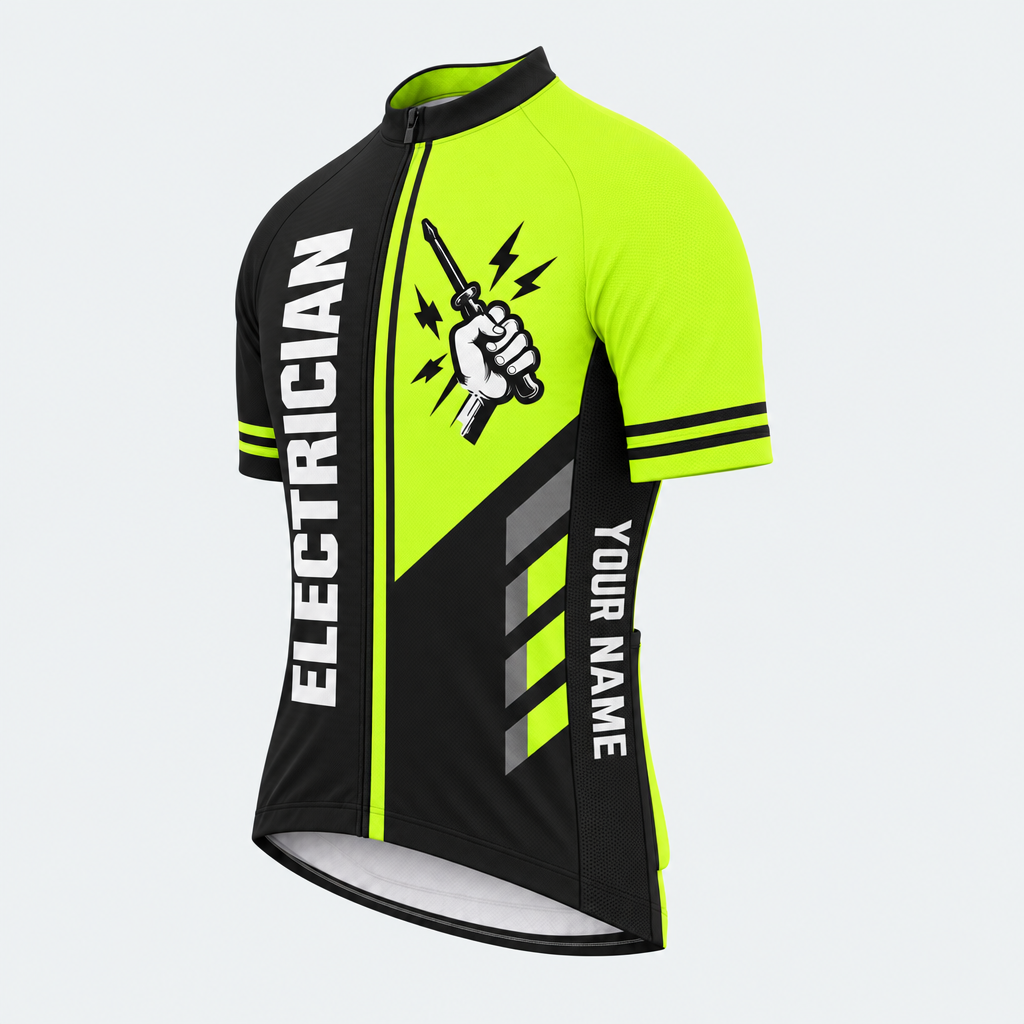 Men's Personalized Short Sleeve Cycling Jersey – Electrician Pullin Wire 'Til I Retire - Front 45°
