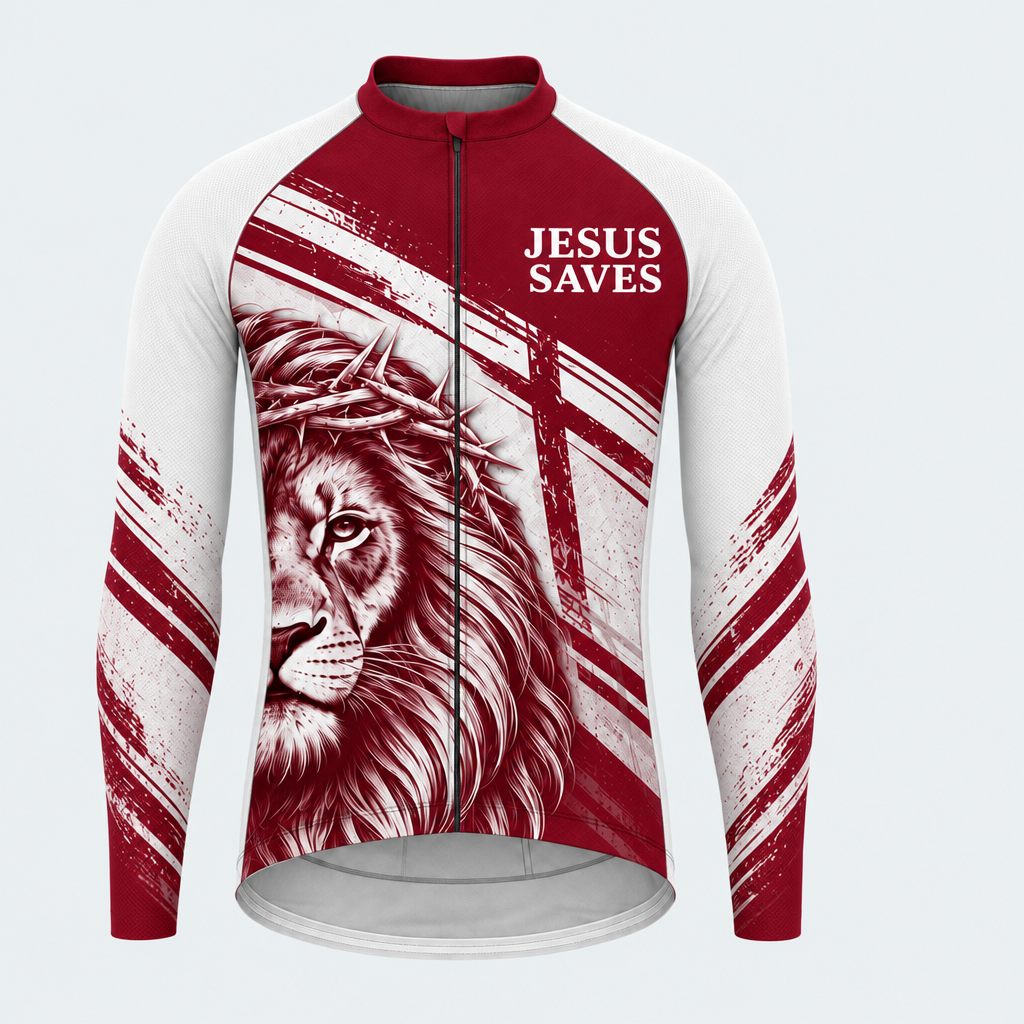 Men's Personalized Long Sleeve Cycling Jersey – Jesus Saves Lion - Front