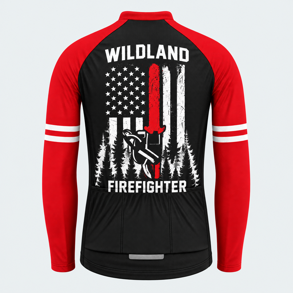 Men's Personalized Long Sleeve Cycling Jersey – Wildland Firefighter Chainsaw Flag - Back