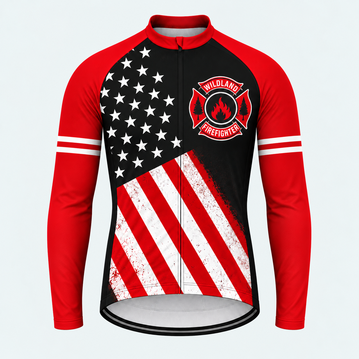 Men's Personalized Long Sleeve Cycling Jersey – Wildland Firefighter Chainsaw Flag - Front