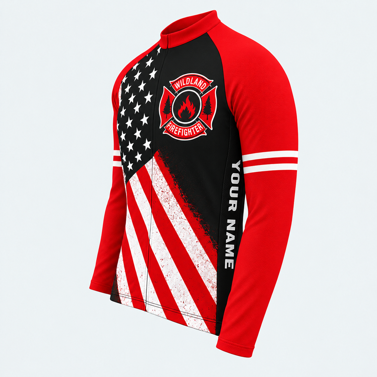 Men's Personalized Long Sleeve Cycling Jersey – Wildland Firefighter Chainsaw Flag - Side