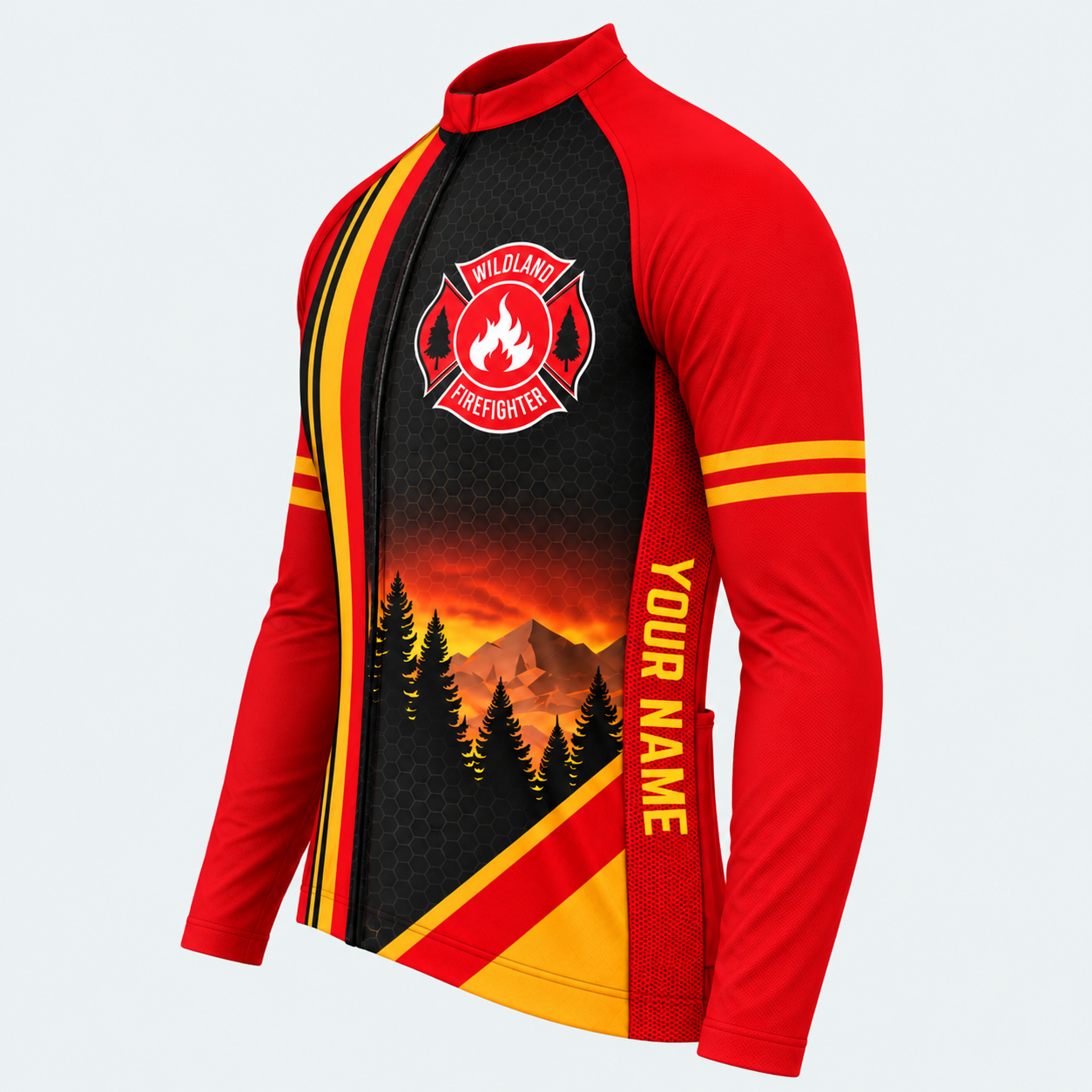 Men's Personalized Long Sleeve Cycling Jersey – Wildland Firefighter Skyline - Side