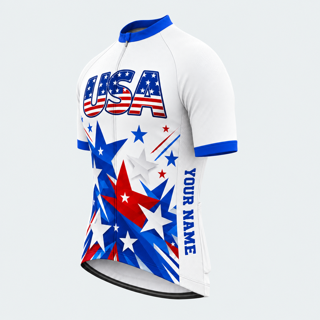 Men's Personalized Short Sleeve Cycling Jersey – US Patriotic Colorful Stars - Front 45°
