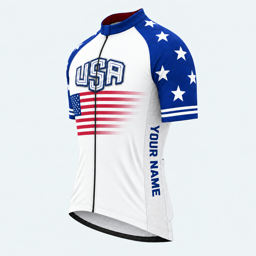 Men's Personalized Short Sleeve Cycling Jersey – USA Stars & Stripes - Front 45°