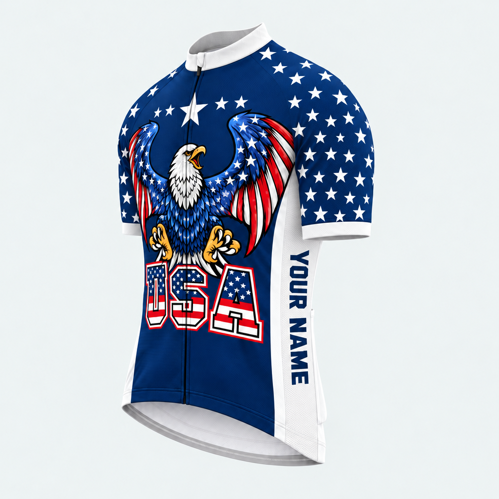 Men's Personalized Short Sleeve Cycling Jersey – US Patriotic Eagle Pride - Front 45°