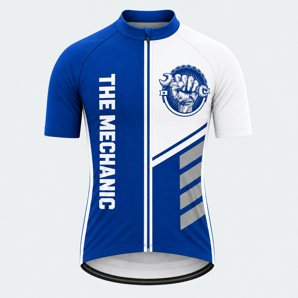 Men's Personalized Short Sleeve Cycling Jersey – The Mechanic Blue And White - Front