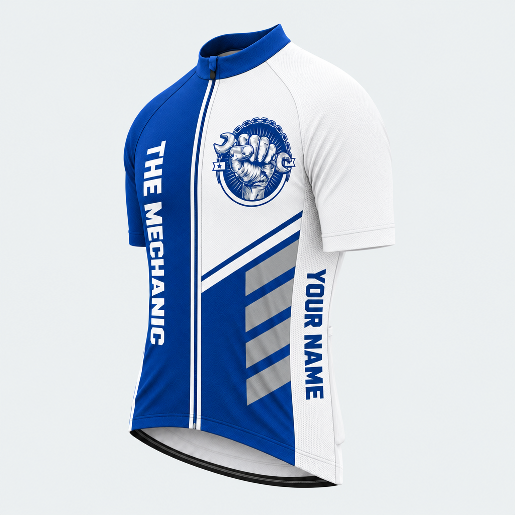 Men's Personalized Short Sleeve Cycling Jersey – The Mechanic Blue And White - Front 45°