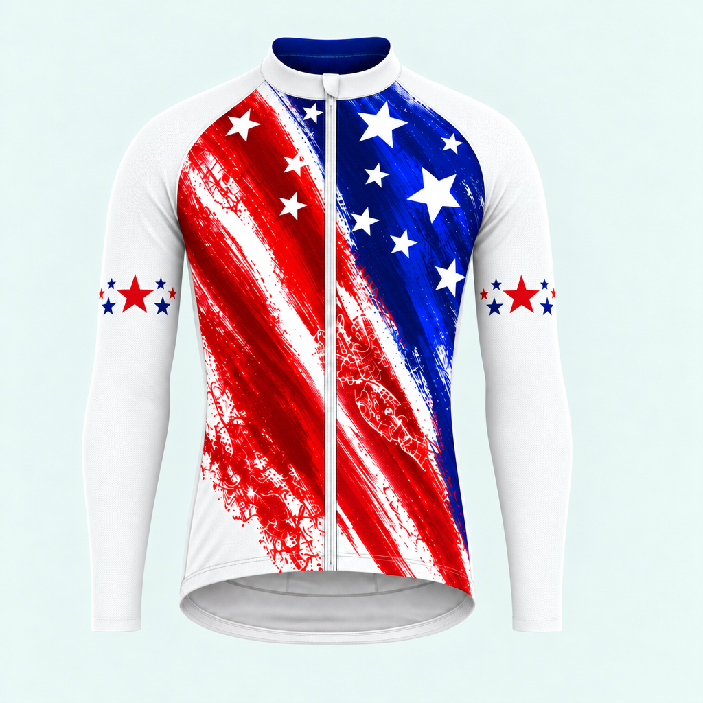 Men's Personalized Long Sleeve Cycling Jersey – US Patriotic Brushstroke Stars and Stripes - Front