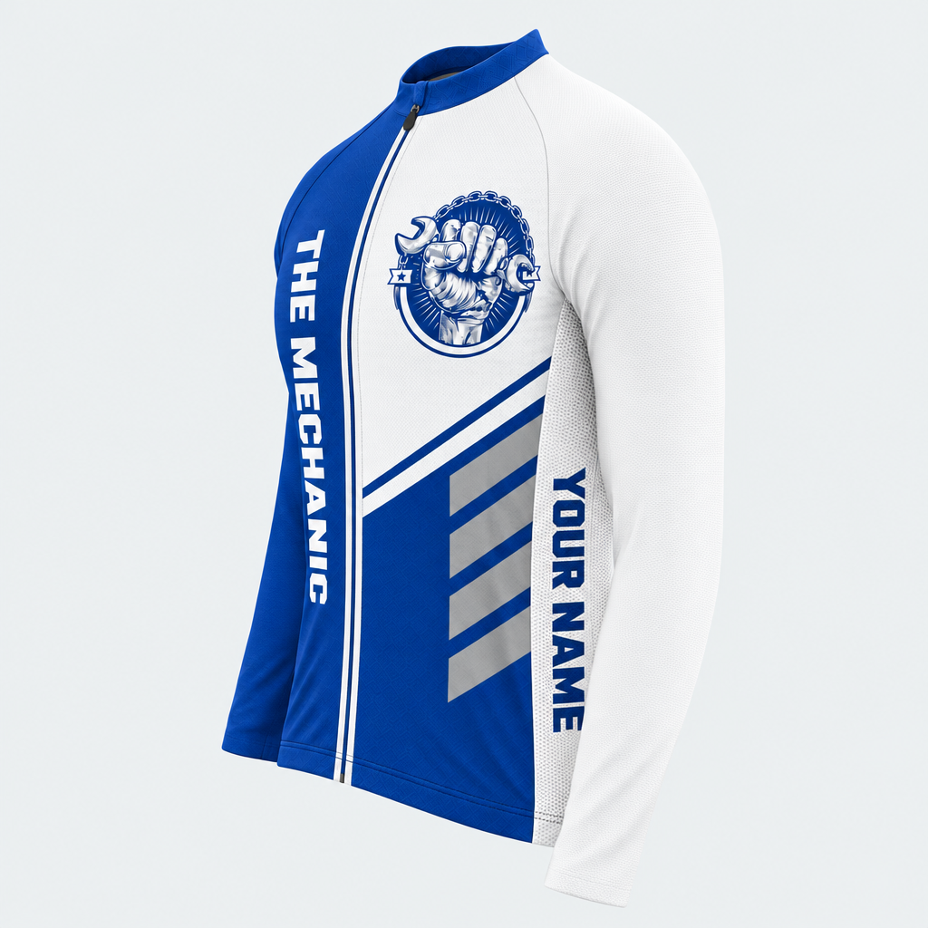 Men's Personalized Long Sleeve Cycling Jersey – The Mechanic Blue And White - Side