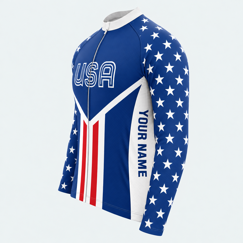 Men's Personalized Long Sleeve Cycling Jersey – US Patriotic Retro USA Cycling Jersey - Side