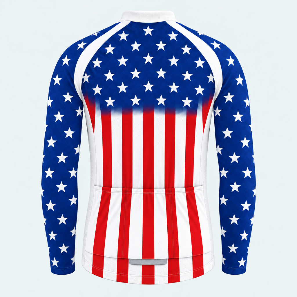 Men's Personalized Long Sleeve Cycling Jersey – US Patriotic Flag Stripes - Back