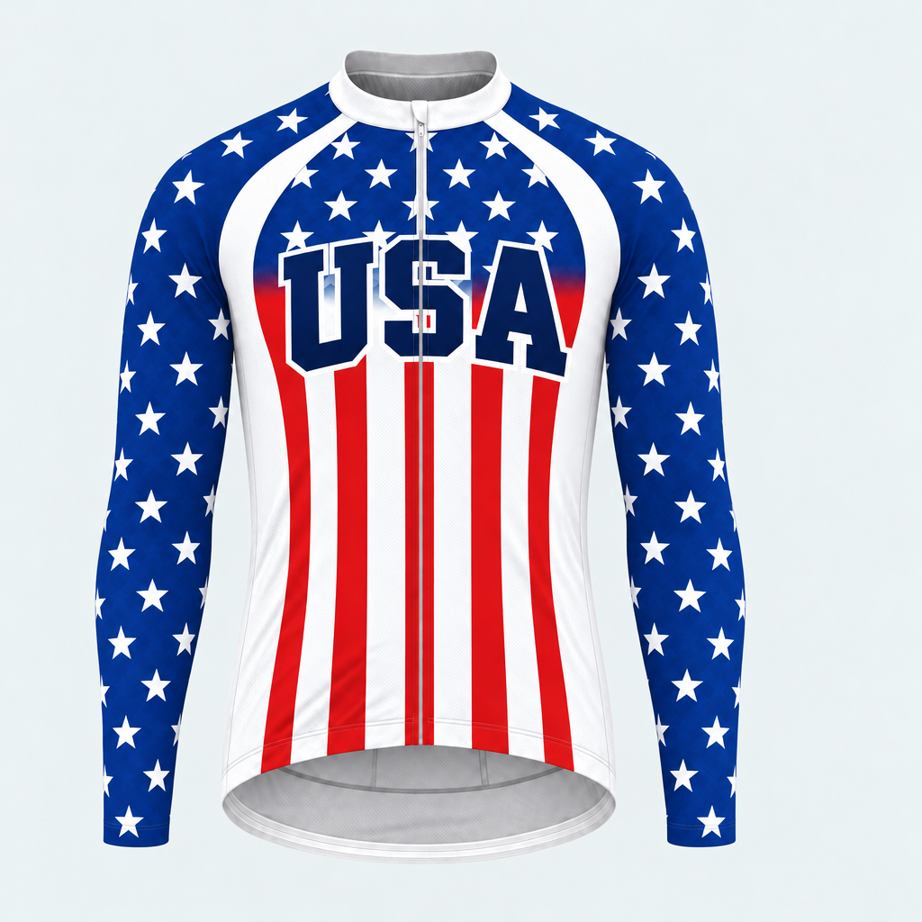 Men's Personalized Long Sleeve Cycling Jersey – US Patriotic Flag Stripes - Front
