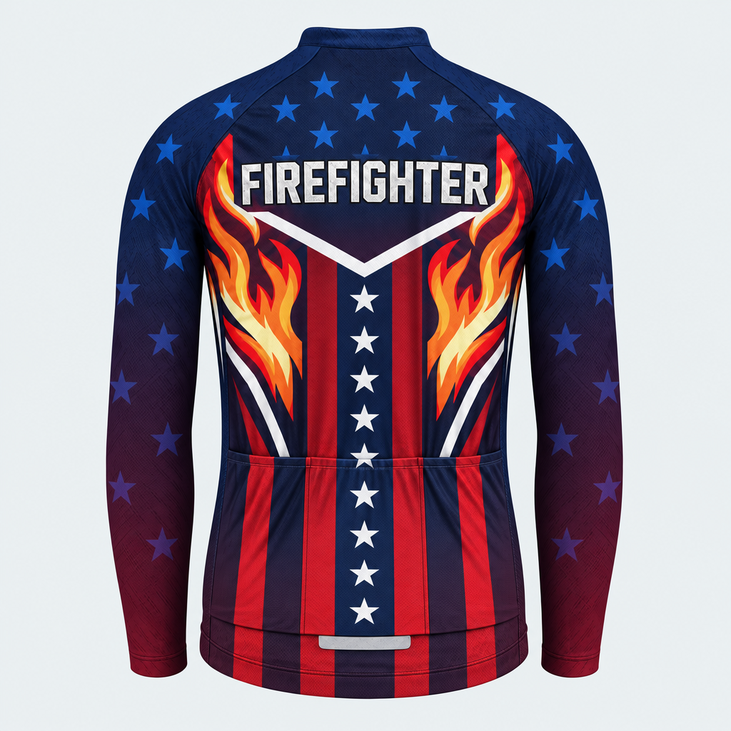 Men's Personalized Long Sleeve Cycling Jersey – US Firefighter Flame And Stars - Back