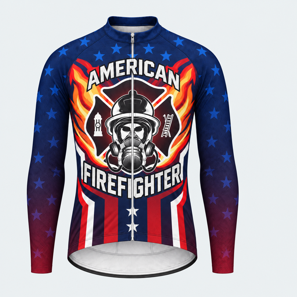 Men's Personalized Long Sleeve Cycling Jersey – US Firefighter Flame And Stars - Front