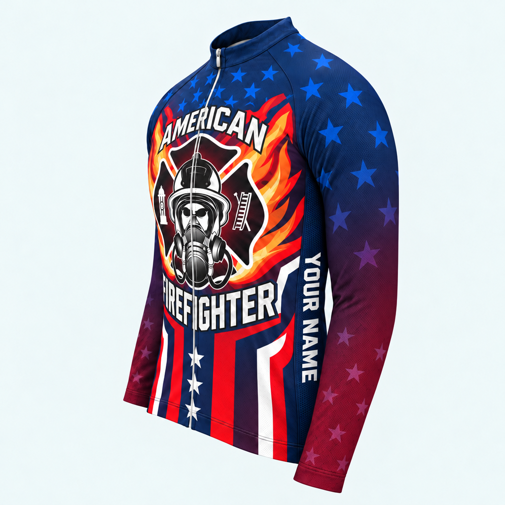 Men's Personalized Long Sleeve Cycling Jersey – US Firefighter Flame And Stars - Side