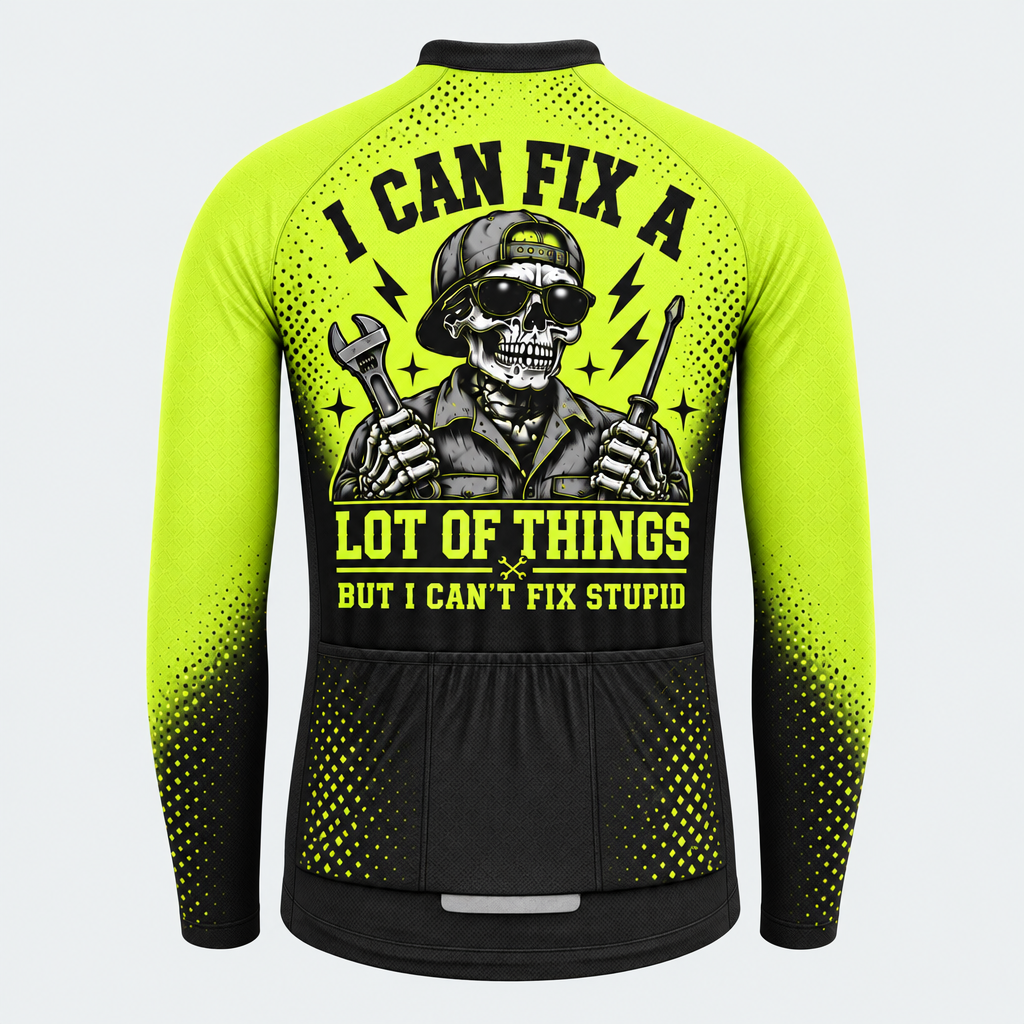 Men's Personalized Long Sleeve Cycling Jersey – Mechanic Skull I Can't Fix Stupid - Back