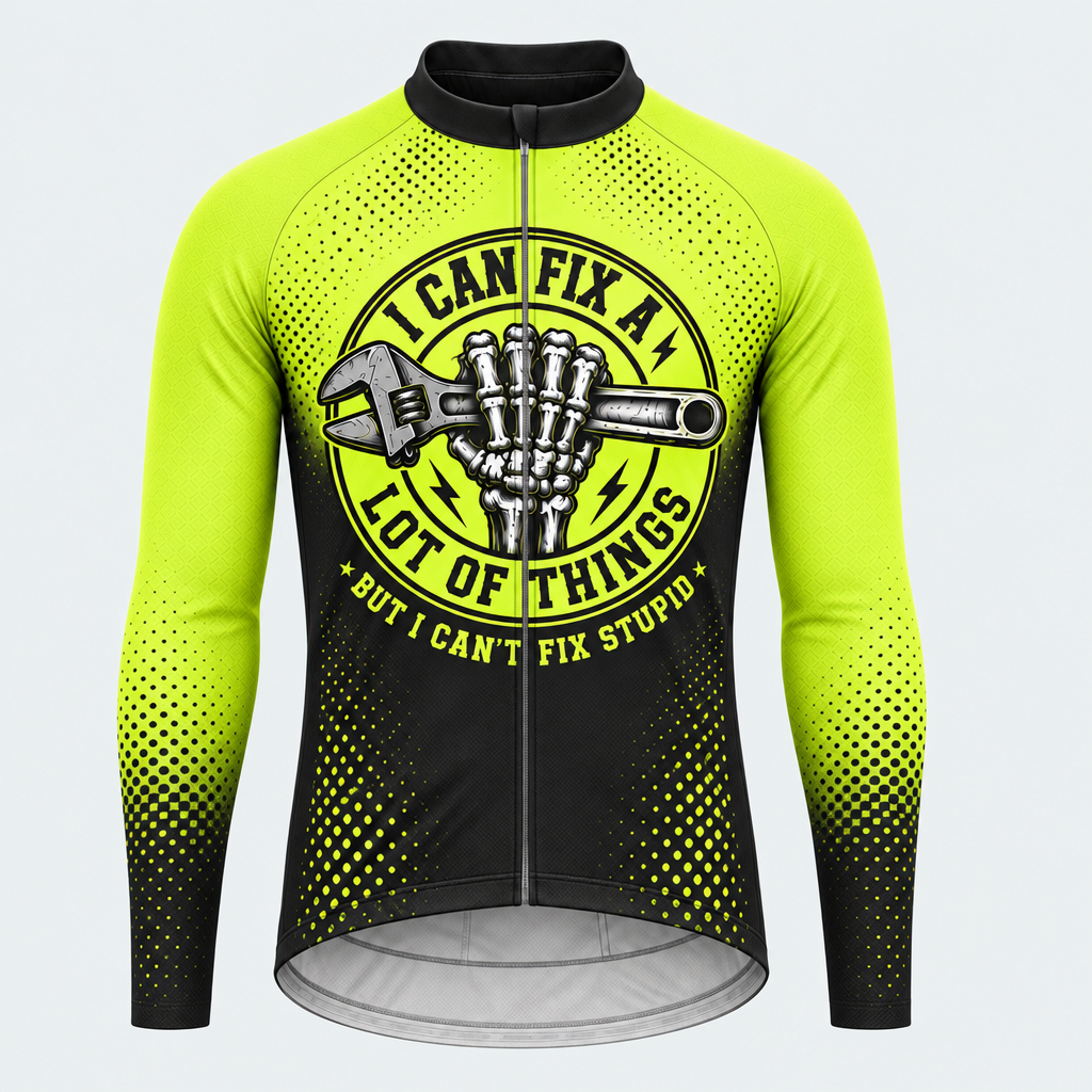 Men's Personalized Long Sleeve Cycling Jersey – Mechanic Skull I Can't Fix Stupid - Front