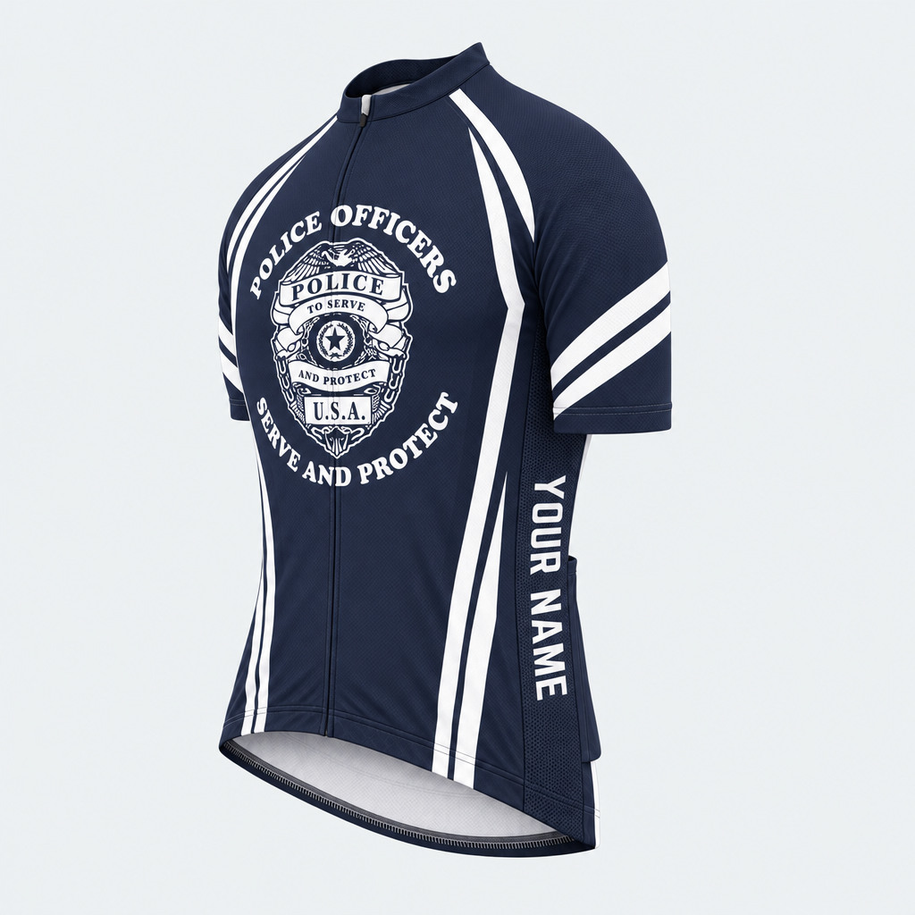 Men's Personalized Short Sleeve Cycling Jersey – Police Serve and Protect Shield - Front 45°
