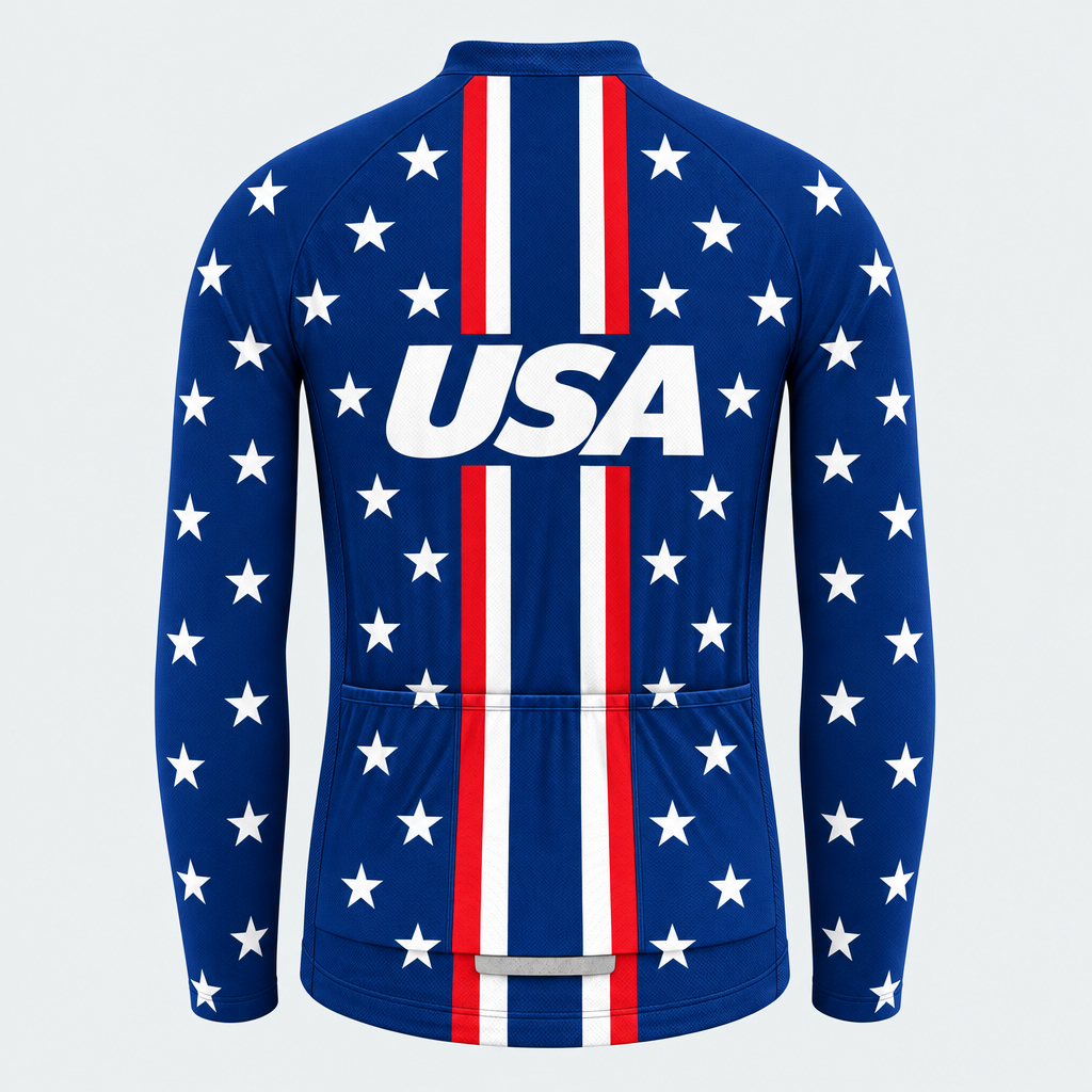 Men's Personalized Long Sleeve Cycling Jersey – US Patriotic White Stars - Back