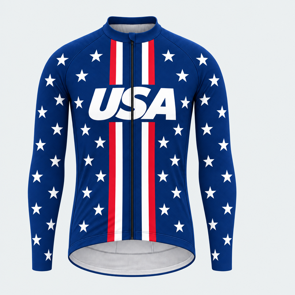 Men's Personalized Long Sleeve Cycling Jersey – US Patriotic White Stars - Front