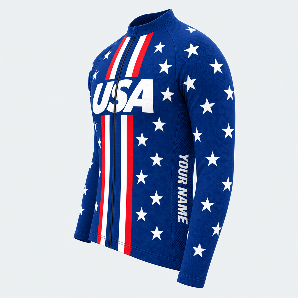 Men's Personalized Long Sleeve Cycling Jersey – US Patriotic White Stars - Side
