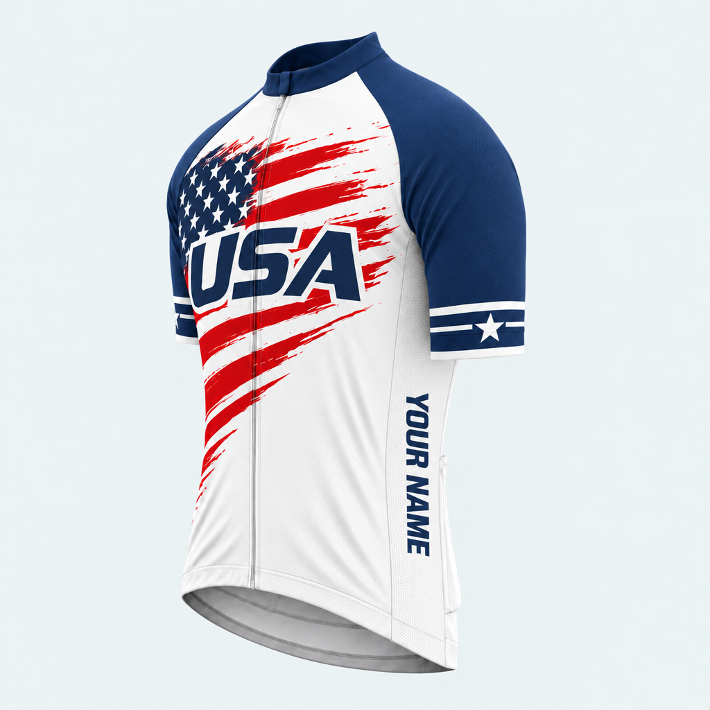 Men's Personalized Short Sleeve Cycling Jersey – US Patriotic Distressed Flag - Front 45°