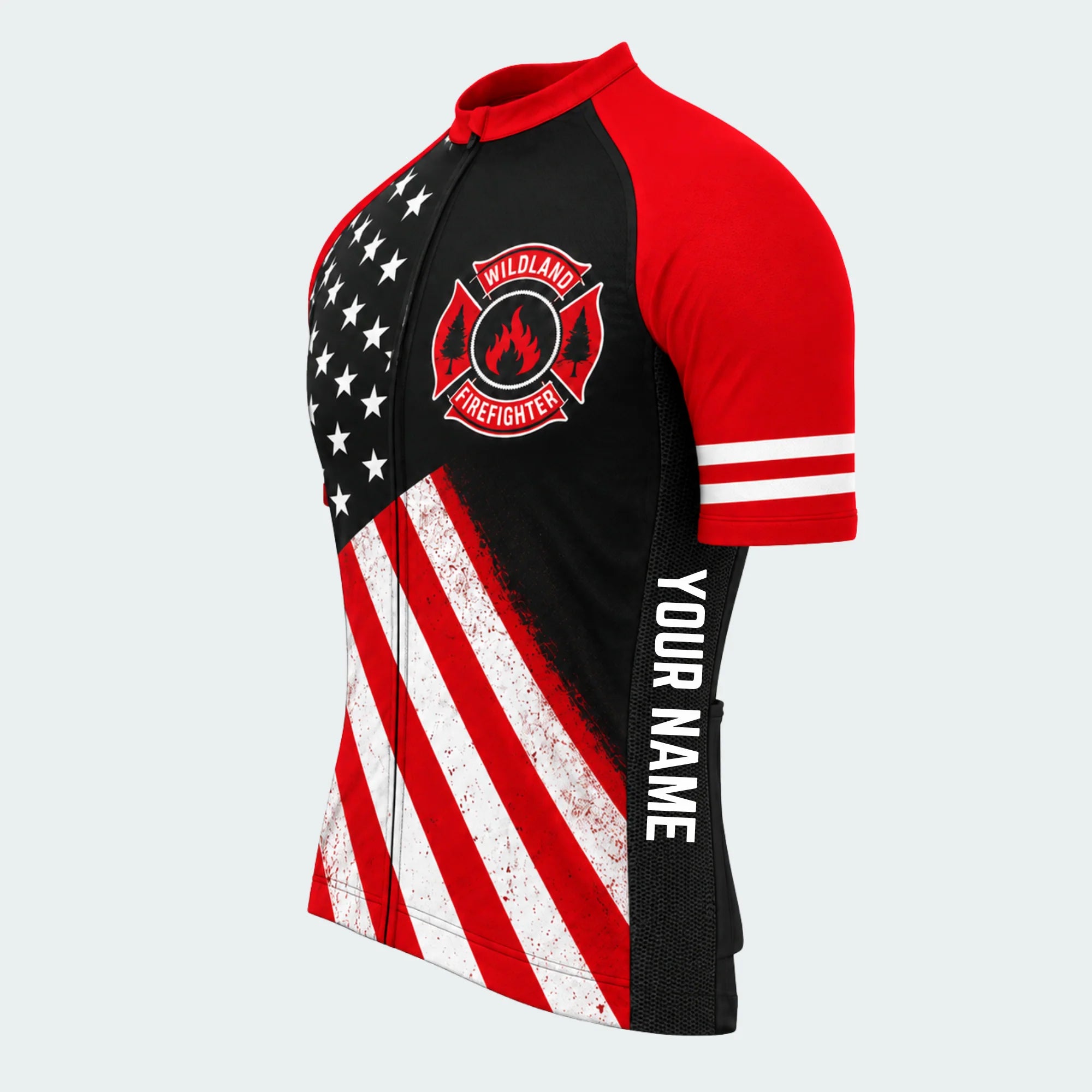 Men's Personalized Short Sleeve Cycling Jersey – Wildland Firefighter Chainsaw Flag - Front 45°