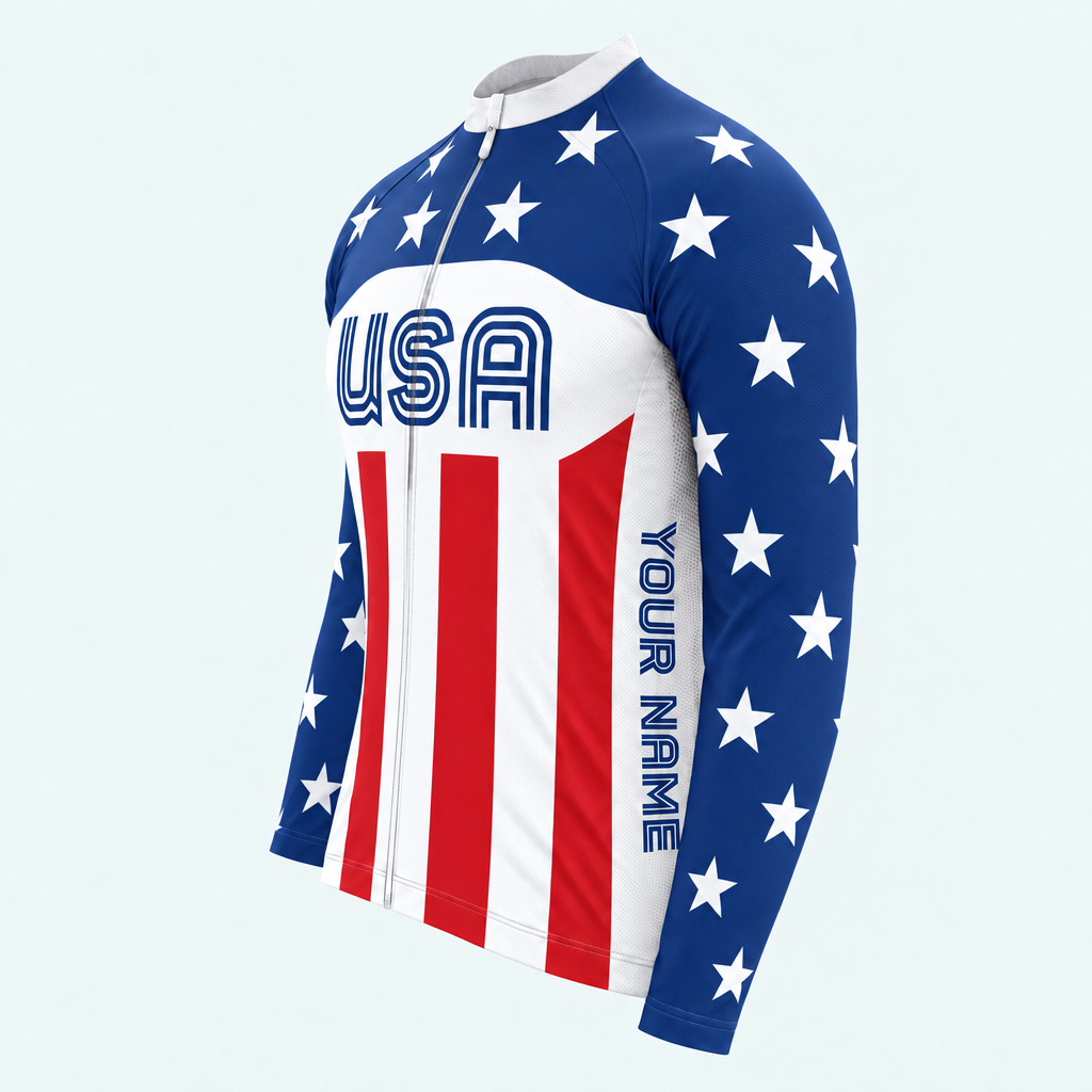Men's Personalized Long Sleeve Cycling Jersey – US Patriotic Retro Cycling Jersey - Side
