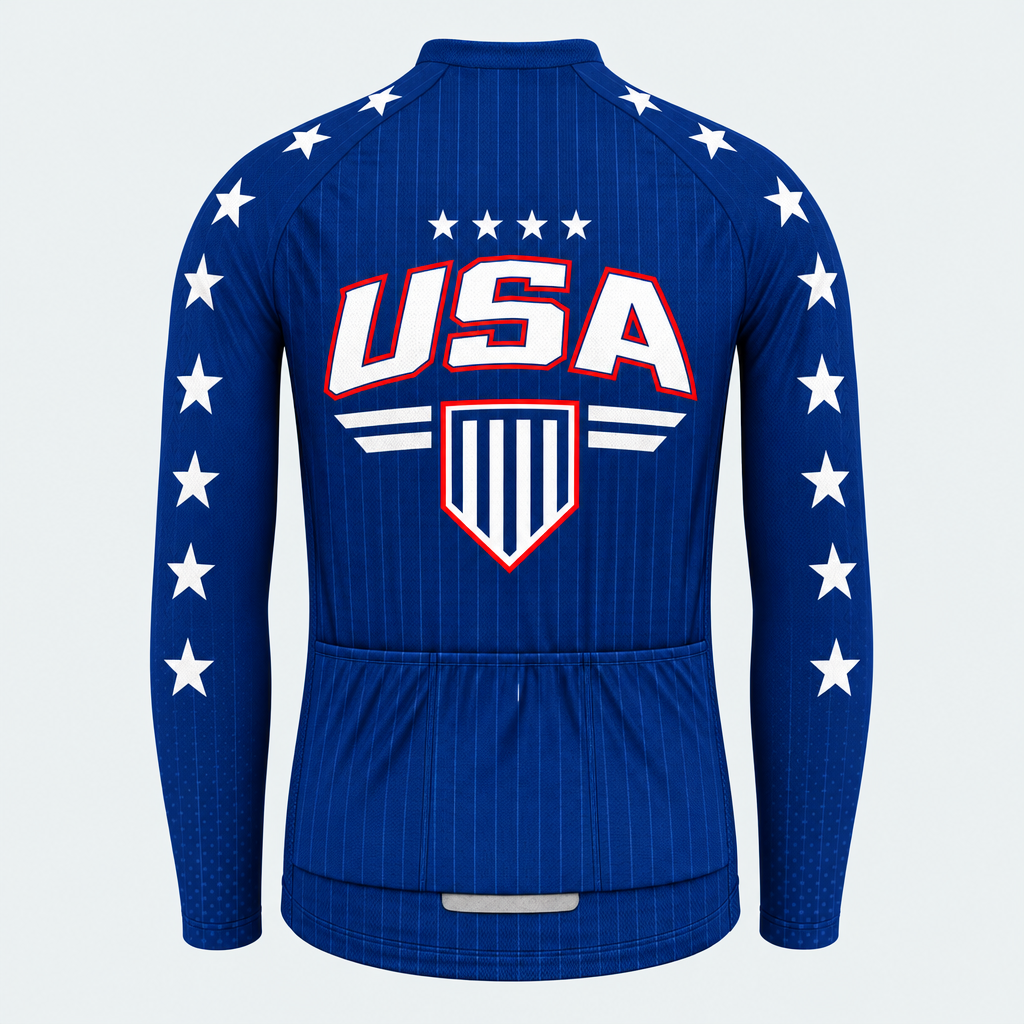 Men's Personalized Long Sleeve Cycling Jersey – US Patriotic Stars & Shield - Back