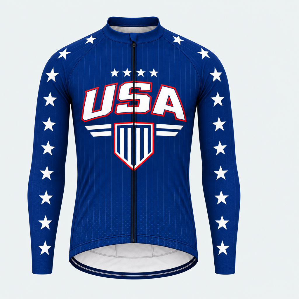 Men's Personalized Long Sleeve Cycling Jersey – US Patriotic Stars & Shield - Front