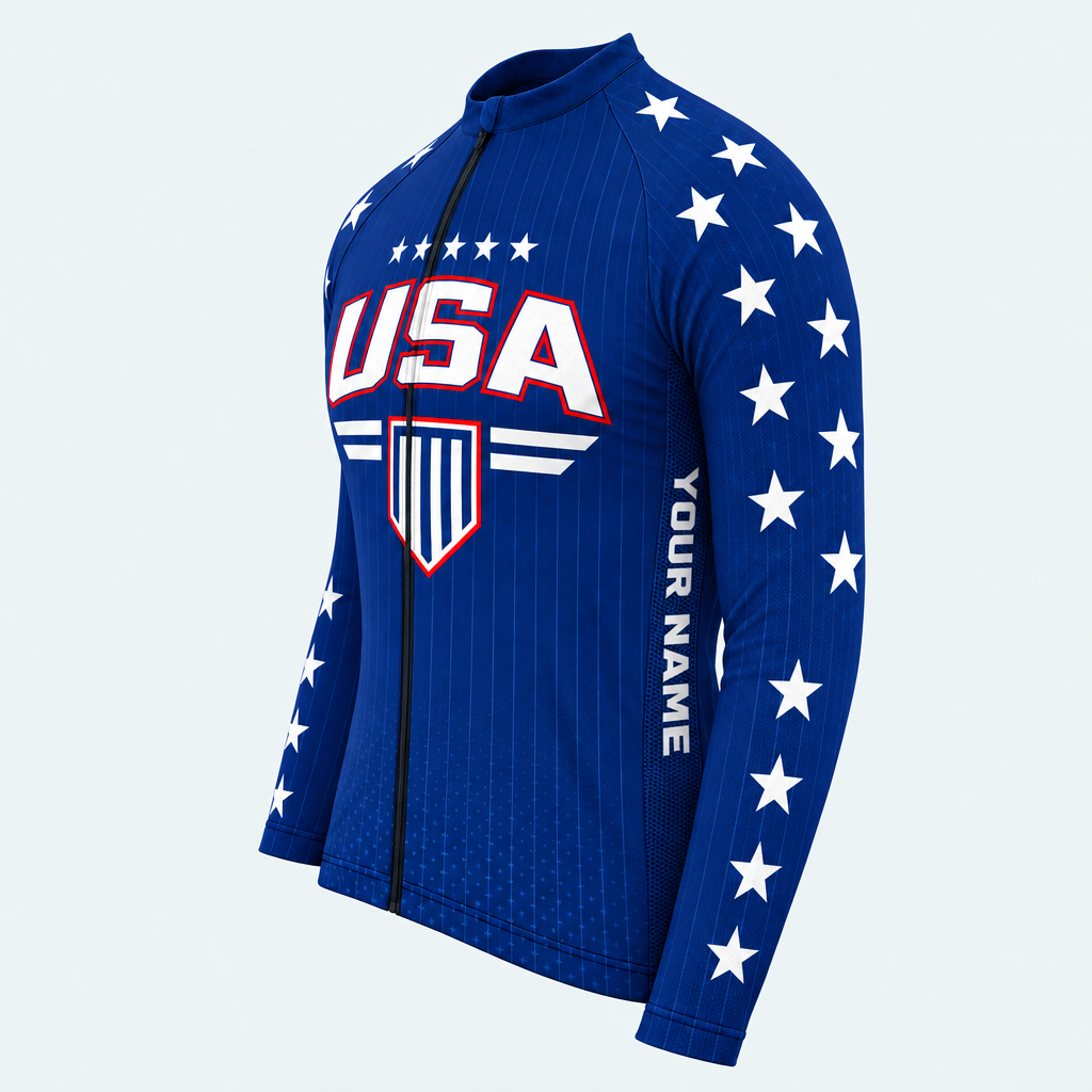 Men's Personalized Long Sleeve Cycling Jersey – US Patriotic Stars & Shield - Side