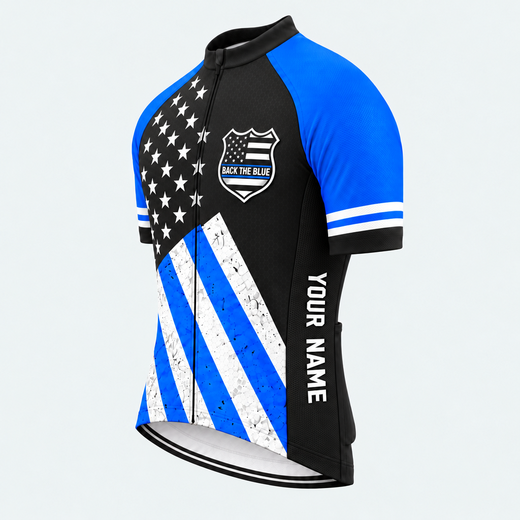 Men's Personalized Short Sleeve Cycling Jersey – US Police Back the Blue Flag - Front 45°