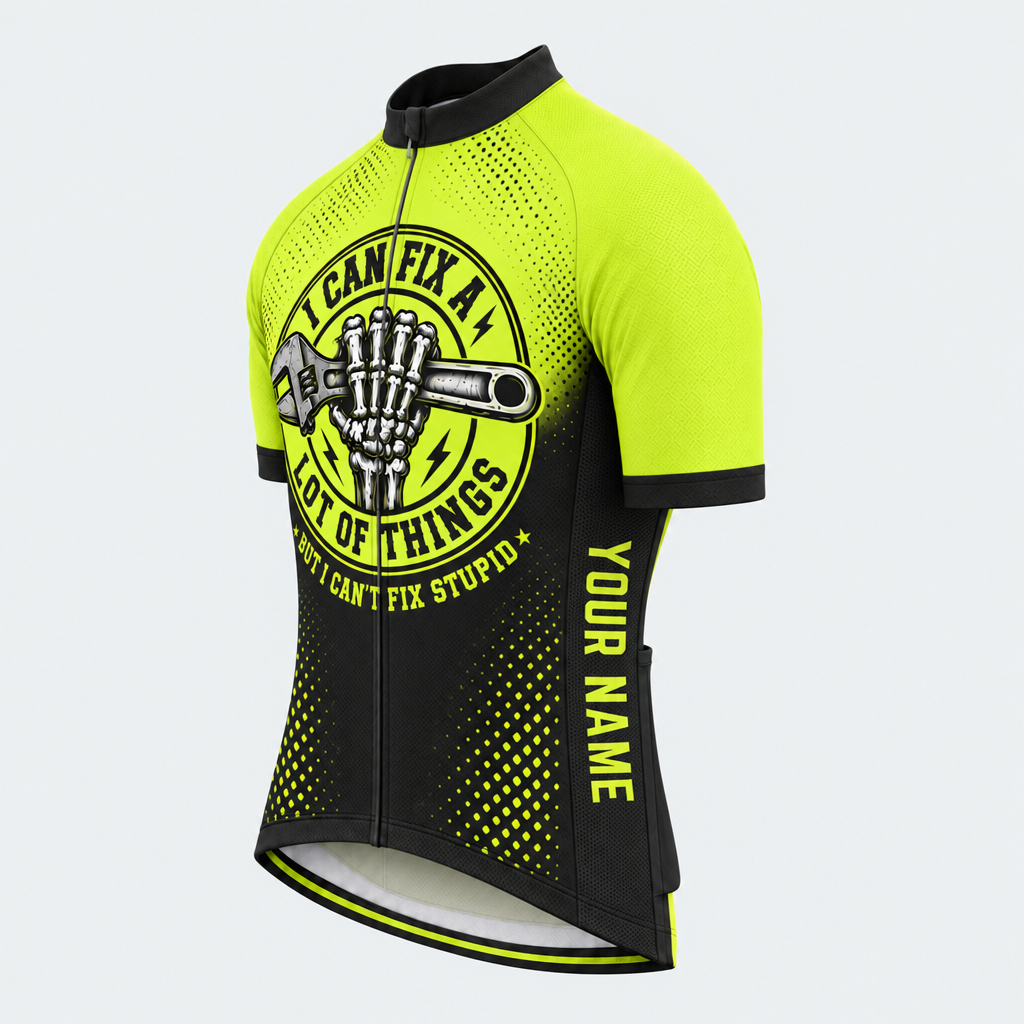 Men's Personalized Short Sleeve Cycling Jersey – Mechanic Skull I Can't Fix Stupid - Front 45°