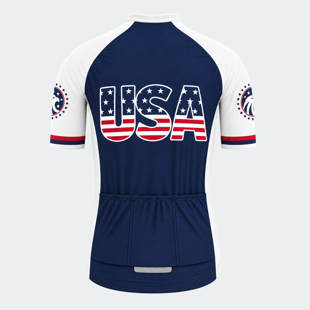 Men's Personalized Short Sleeve Cycling Jersey – US Patriotic USA Wording With Flag - Back