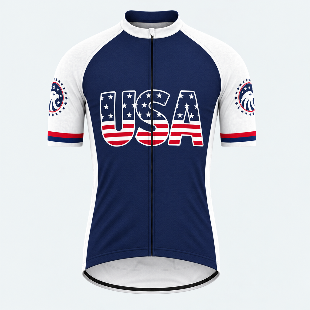 Men's Personalized Short Sleeve Cycling Jersey – US Patriotic USA Wording With Flag - Front